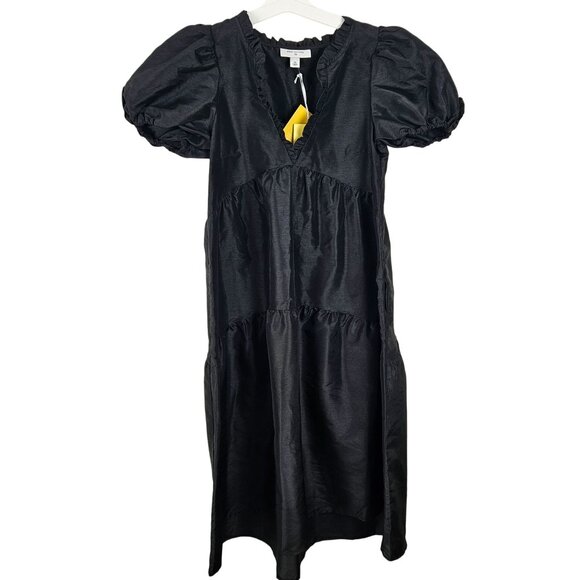 Kika Vargas Womens XS Dress Black Ruffle Tiered Puff Sleeve V-Neck Midi Hi Lo - Picture 3 of 12